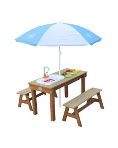 AXI Dennis Zand & Water Picknicktafel met Speelkeuken wastafel en losse bankjes Bruin Parasol Blauw/wit